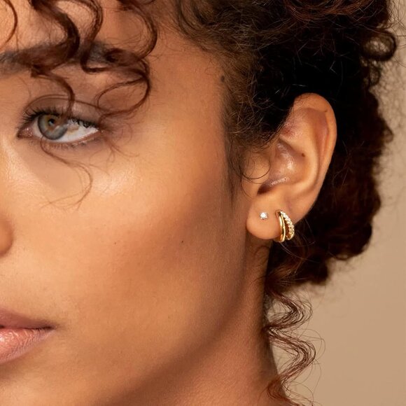 Gold Hoop Earrings Set for Women 14K Plated Small Double Huggie Hoops - Picture 5 of 9